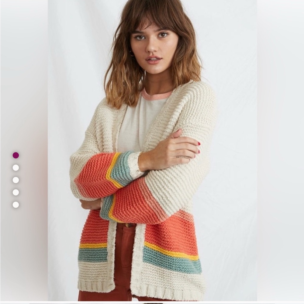Marine Layer Cream Openfront Cardigan with Coral and Teal Stripes